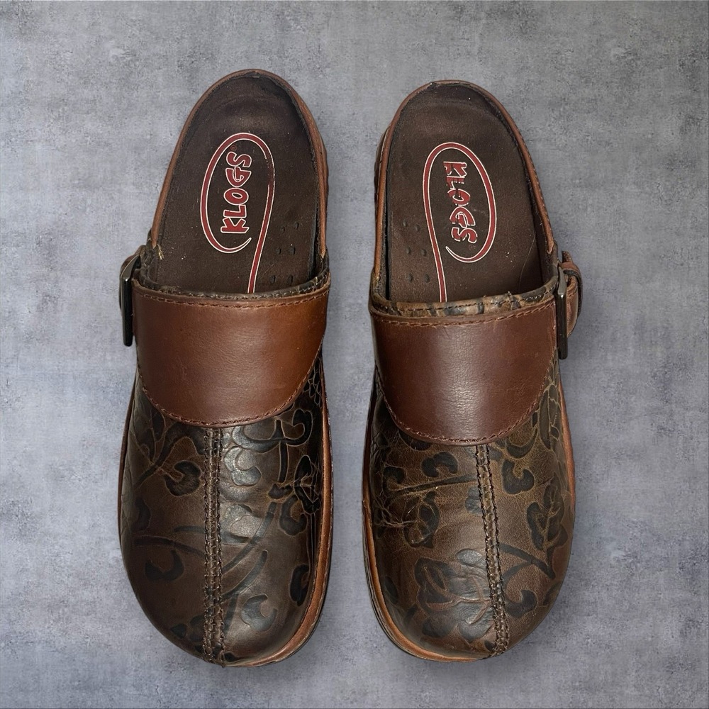 Klogs Footwear Austin Slip On Mules Clogs Brown Tooled Leather Floral Womens 7.5
